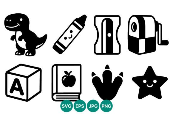 Cute Dinosaur Crayon and School Supplies Graphics
