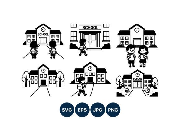 School Building Children Vector Art