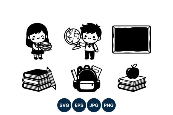 School Children with Books Globe and Graphics