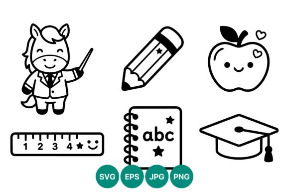 School Themed Black White Vector Icons